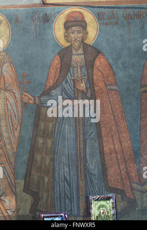 Saint Alexander Nevsky. Pittura murale da icona russa pittore Andrei Ryazanov (1885-1950) nella chiesa della Dormizione presso il Cimitero di Olsany a Praga, Repubblica Ceca. La chiesa della Dormizione progettato dall architetto russo Vladimir Brandt (1887-1944) fu costruita nel 1924-1925 dal russo emigrazione bianco in Cecoslovacchia. Dipinti murali sono stati realizzati nel 1941-1945 dal gruppo di icona russa pittori dopo la progettazione dal russo famoso illustratore di libri Ivan Bilibin (1876-1942) da 1926-1928. Foto Stock