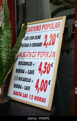 Il menu del ristorante Valencia Spagna Foto Stock