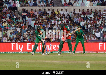 Kolkata, India. 16 Mar, 2016. Il Pakistan i battiti in Bangladesh dal 55 scorre nel loro primo Super 10 match di ICC T20 World Cup. Dopo aver vinto toss Pakistan set target di 202s con Ahmed Shehzad, Mohammad Hafeez e skipper Shahid Afridi riproduzione brillante singolo inning. In risposta, il Bangladesh potrebbe gestito solo 146 corre nel loro 20 over, con Shakib Al Hasan non rimangono fuori in 50 di 40 sfere. © Saikat Paolo/Pacific Press/Alamy Live News Foto Stock