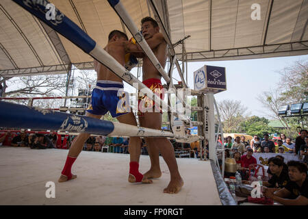 Ayutthaya, Thailandia. Xvii Mar, 2016. Questa immagine mostra due uomini combattimenti durante il dodicesimo mondo Wai Kru Muay Thai cerimonia.xii mondo Wai Kru Muay Thai cerimonia si terrà nei pressi della celebre Wat Maha That tempio in al parco storico di Ayutthaya e attirano ogni anno più di 1200 Muay Thai fighters da 57 paesi per presentare alcune della sacra arte marziale i rituali di Muay Thai boxing. Credito: Guillaume Payen/ZUMA filo/Alamy Live News Foto Stock