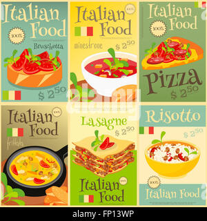 Il cibo italiano scheda del menu con il pasto tradizionale. Cucina Italiana. La raccolta di cibo. Il cibo italiano poster Set. Illustrazione Vettoriale. Foto Stock