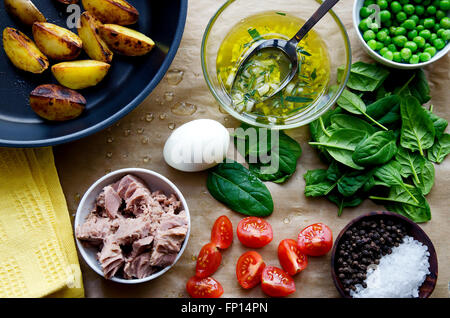 Ortaggi freschi e gli ingredienti per cucinare insalata di tonno sul legno. Colori scuri. Foto Stock