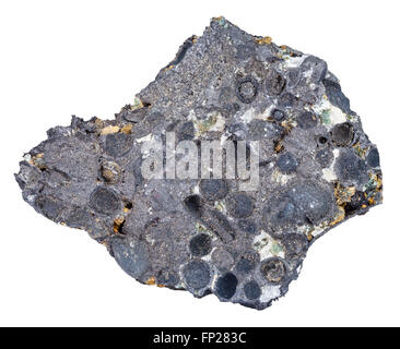 Le riprese in modalità macro di roccia naturale campione - pezzo di pietra Pisolite dal minerale di ferro (ematite con magnetite) isolato sul retro bianco Foto Stock