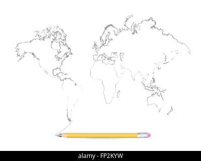 Illustrazione di una mappa del mondo schizzo a matita isolato su uno sfondo bianco. Illustrazione Vettoriale