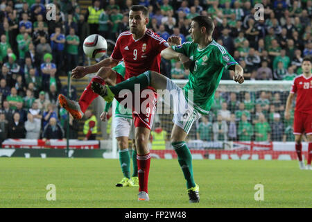 07 Sett 2015 - Euro 2016 Qualifier - Gruppo F - Irlanda del Nord 1 Ungheria 1. In Irlanda del Nord la Chris Baird (6) affronta il problema dell'Ungheria Ádám Szalai. Foto Stock