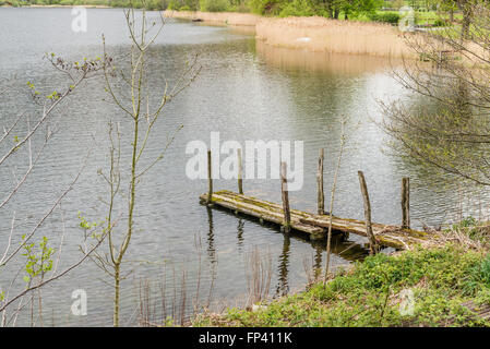 Lake District, Regno Unito - 09 Maggio 2015: vecchio pontile in legno nel Lake District, Inghilterra, vicino Grassmere Foto Stock