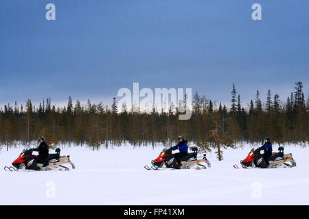 Safari su motoslitte a Salla, Lapponia, Finlandia. Guidato safari in motoslitta sono un modo sicuro per esplorare il deserto vicino e lontano. Foto Stock