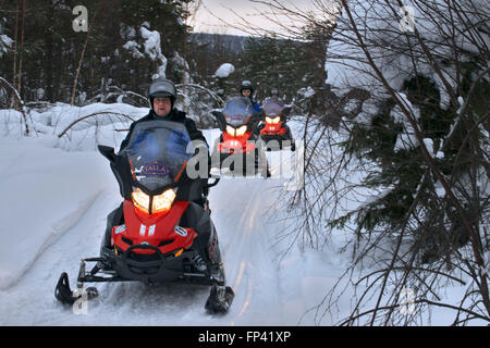 Safari su motoslitte a Salla, Lapponia, Finlandia. Guidato safari in motoslitta sono un modo sicuro per esplorare il deserto vicino e lontano. Foto Stock