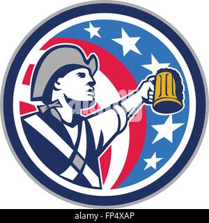Illustrazione di un american patriot sollevando la birra artigianale mug guardando al lato impostato all'interno del cerchio con gli Stati Uniti a stelle e strisce bandiera in background fatto in stile retrò. Illustrazione Vettoriale