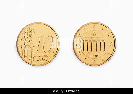 Dieci monete euro cent isolati su sfondo bianco Foto Stock