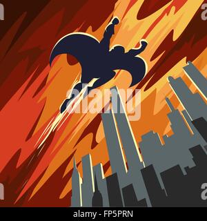 Il supereroe che vola nel cielo sopra la città di notte. Retrò stile poster. Illustrazione Vettoriale