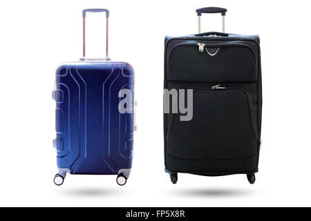 Valigia blu isolato su sfondo bianco. Foto Stock