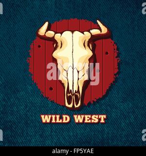 Illustrazione Vettoriale del cranio di vacca su sfondo rosso. Vista frontale. Illustrazione Vettoriale