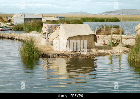 Le case su Uros isole galleggianti fatte di tortora giunchi, il lago Titicaca, Perù. Il cibo viene cotto con fuochi collocati su pali di pietre. Le isole galleggianti sono protetti all'interno della baia di Puno e sono la casa di 2000 o in modo Uros, che affermano di aver "sangue nero' sono di conseguenza immune a freddo. Loro si chiamano essere kosuña, o persone del lago, e si considerano i proprietari del lago e le sue acque. Foto Stock