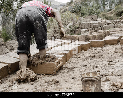 Ragazzo che adobe tradizionali mattoni di fango per costruire la propria casa in Parù Parù villaggio comunità, Pisaq distretto, regione di Cusco, Perù. Foto Stock