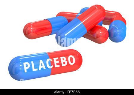 Concetto di placebo con capsule isolati su sfondo bianco Foto Stock