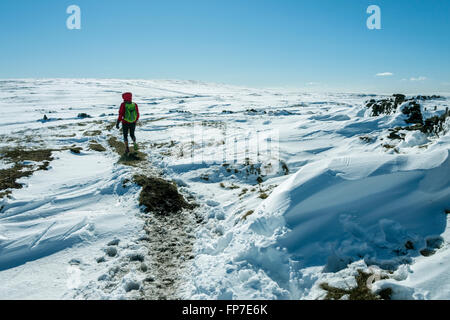 Hill walker su strade coperte di neve Brown Knoll, sopra Edale, Peak District, Derbyshire, England, Regno Unito Foto Stock