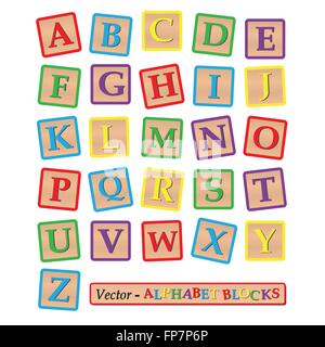 Immagine di vari blocchi colorati con l'alfabeto isolato su uno sfondo bianco. Illustrazione Vettoriale
