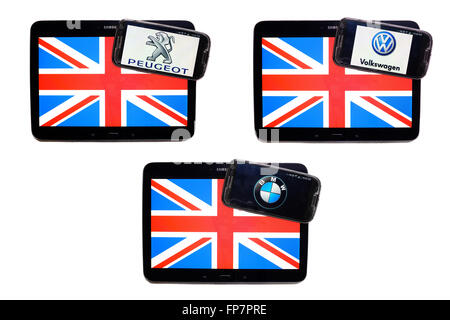 I loghi di aziende europee sugli schermi di smartphone viene visualizzato sulla parte superiore della Union Jack. Foto Stock