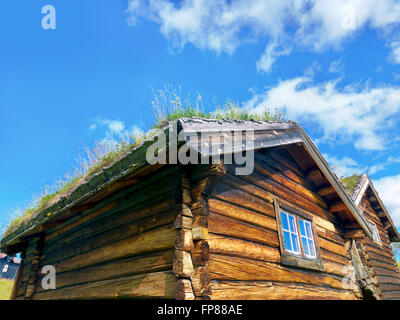 Tipica piccola casa di registro con tetto di erba in Norvegia Foto Stock