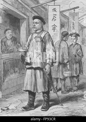 Pechino: Chinaman vendere il Pekin Gazette, antica stampa 1882 Foto Stock