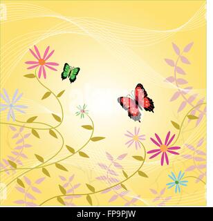 Coloratissima immagine di sfondo di fiori, di vigne e di farfalle. Illustrazione Vettoriale