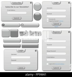Grigio chiaro modello web con moduli, barre e pulsanti. Illustrazione Vettoriale