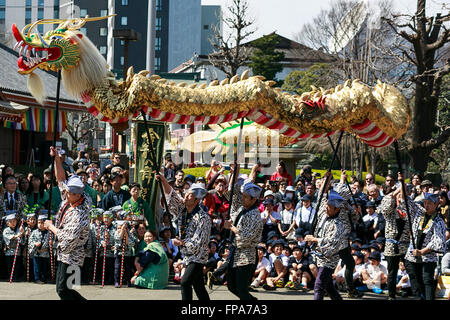 Tokyo, Giappone. Il 18 marzo, 2016. Un Golden Dragon dance o Kinryu-no-ami è eseguita presso il tempio Sensoji di Asakusa il 18 marzo 2016, Tokyo, Giappone. Il festival celebra la fondazione del tempio di Sensoji; che è anche noto come Kinryu-zan, letteralmente Golden Dragon Mountain. Secondo la leggenda, quando il tempio fu fondato un Golden Dragon disceso dal cielo la creazione di un boschetto di mille pini vicino al tempio il diciottesimo giorno. Il drago utilizzato nella danza è 88kg e 18m in lunghezza ed è gestito da 8 persone. Credito: Aflo Co. Ltd./Alamy Live News Foto Stock