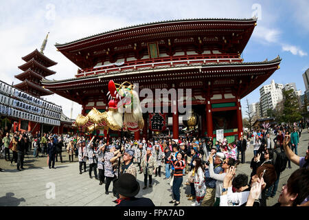 Tokyo, Giappone. Il 18 marzo, 2016. Un Golden Dragon dance o Kinryu-no-ami è eseguita presso il tempio Sensoji di Asakusa il 18 marzo 2016, Tokyo, Giappone. Il festival celebra la fondazione del tempio di Sensoji; che è anche noto come Kinryu-zan, letteralmente Golden Dragon Mountain. Secondo la leggenda, quando il tempio fu fondato un Golden Dragon disceso dal cielo la creazione di un boschetto di mille pini vicino al tempio il diciottesimo giorno. Il drago utilizzato nella danza è 88kg e 18m in lunghezza ed è gestito da 8 persone. Credito: Aflo Co. Ltd./Alamy Live News Foto Stock