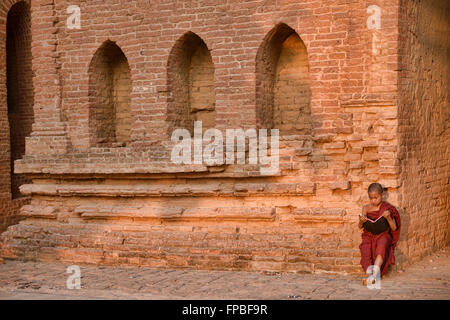 Un giovane monaco la lettura in templi di Bagan, Myanmar Foto Stock