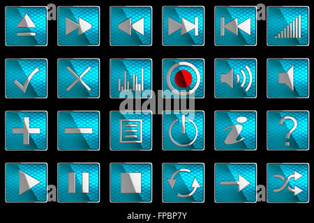 Blu quadrata le icone del pannello di controllo o pulsanti isolati su nero Foto Stock