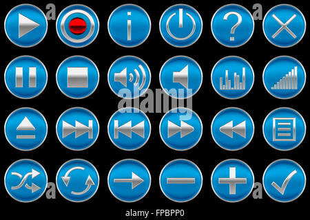 Rotondo blu del pannello di controllo icone o pulsanti isolati su nero Foto Stock