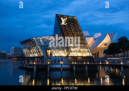 Una vista della Louis Vuitton Isola Maison di Singapore, l'edificio è illuminato di notte. Foto Stock