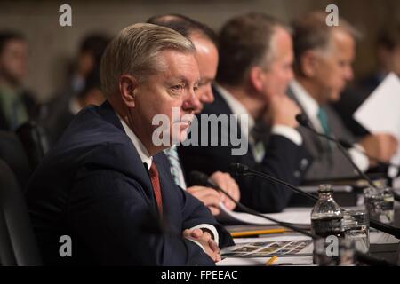 U.S il senatore Lindsey Graham della Carolina del Sud ascolta il Segretario della Difesa Ashton Carter testimoniare prima il Comitato delle Forze Armate del Senato nel dipartimento del bilancio della difesa sulla Capitol Hill Marzo 17, 2016 a Washington, DC. Foto Stock