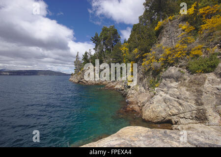 Riva del Lago Nahuel Huapi, Villa Tacul, Parque Municipal Llao Llao vicino a Bariloche, Patagonia, Argentinia Foto Stock