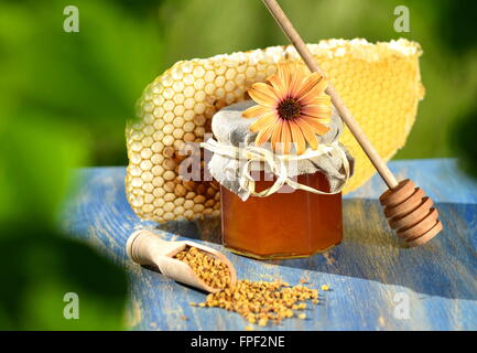 Vasi pieni di deliziosi, miele di favo di miele e polline di api in apiario Foto Stock