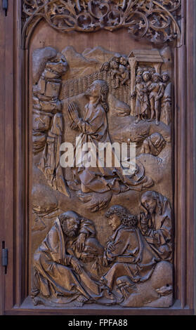 L agonia nel giardino. Ala laterale del pannello del Sangue Sacro altare (1500-1505) da scultore tedesco Tilman Riemenschneider in Saint James Church di Rothenburg ob der Tauber, Media Franconia, Baviera, Germania. Foto Stock