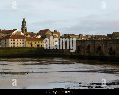 Vista sul fiume Tweed per Berwick-upon-Tweed Old Bridge Northumberland UK grado che ho elencato il ponte di pietra costruito tra il 1611 e il 1624 il patrimonio conservato Foto Stock