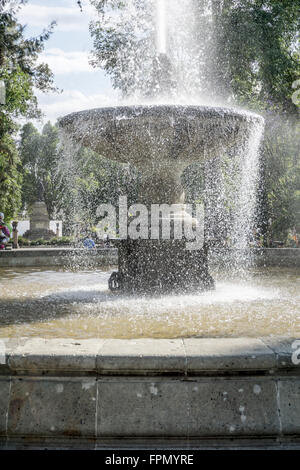 Fontana in primavera nello Llano Park con un grande lavabo in pietra & wind panna spray da getto d'acqua arruffamento superficie di acqua Oaxaca Foto Stock