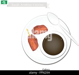 Saudi Arabian Cucina, caffè arabo o caffè servito da Dark Roast i chicchi di caffè speziato con il cardamomo. Una bevanda popolare in S Illustrazione Vettoriale