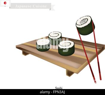 La cucina giapponese, illustrazione di riso sushi rotoli o riso rotoli Makimono Topping con sesamo. Uno dei più popolari piatto in J Illustrazione Vettoriale