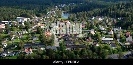 Gli uccelli wiew su piccola città quartiere vicino alla natura. Real estate vicino alla natura con aria pulita. Unico uccello Visualizza concept. Foto Stock