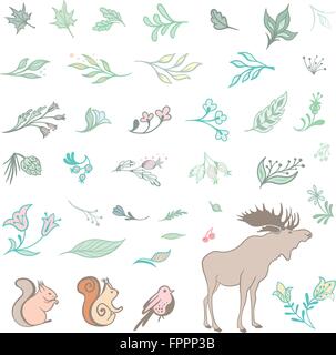 Vettore fiori, foglie di erbe e di animali in colori pastello in stile di disegno Illustrazione Vettoriale