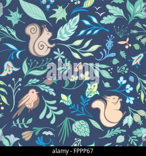 Seamless doodle schizzo texture con fiori selvatici, piante e animali in tenui colori pastello su sfondo blu Illustrazione Vettoriale