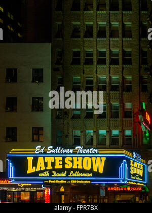 Late Show con David Letterman cartello luminoso alla Ed Sullivan Theater, Broadway, New York City, Stati Uniti d'America. Foto Stock