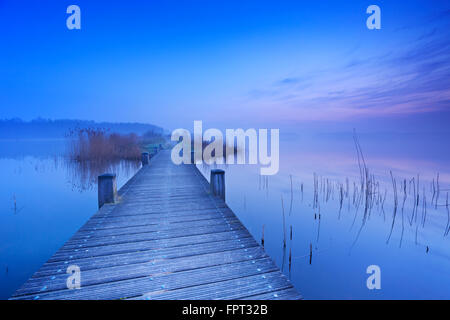 Una passerella su un lago ancora su una mattina tranquilla all'alba, nei pressi di Amsterdam nei Paesi Bassi. Foto Stock