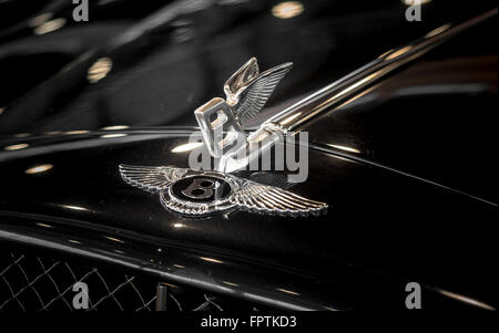 Verona, Italia - maggio 09,2015: Bentley winged 'B' cofano badge (il cofano) ornamento. Foto Stock