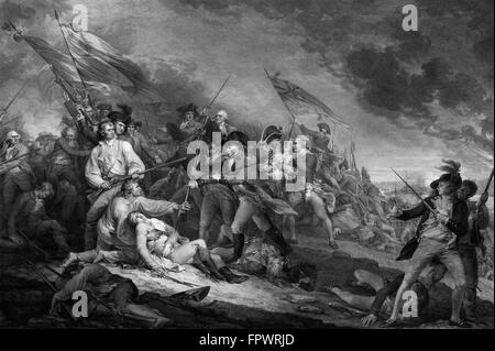 Vintage la guerra rivoluzionaria americana stampa della battaglia di Bunker Hill. La battaglia ha avuto luogo il 17 giugno 1776 durante l'Assedio di B Foto Stock