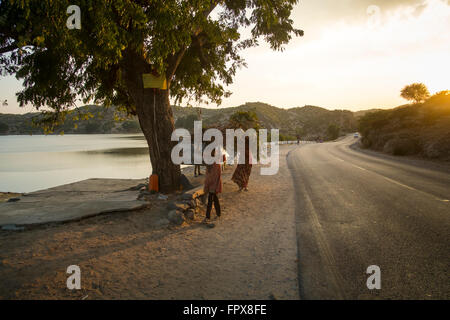 Due donne del villaggio portano legna da ardere nel sole di setting in Rajasthan accanto a un lago. Foto Stock