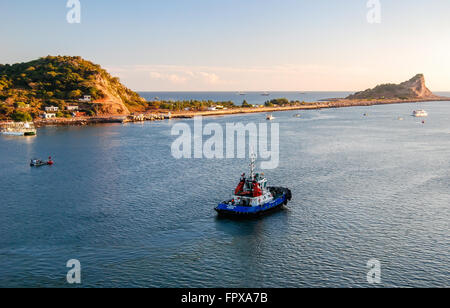 Mazatlan, Messico - 3 Gennaio 2007: un porto rimorchiatore cuoce a vapore a fianco di una piccola barca da pesca nel porto di mazatlan, Messico. Foto Stock